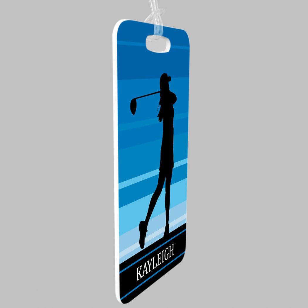 ChalkTalkSPORTS Golf Luggage & Bag Tag | Personalized Female Golfer | Standard Lines on Back | Small | Blue