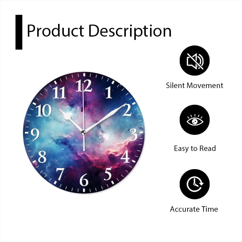 Nebula Wall Clock Non-Ticking Silent Clocks Battery Operated Analog Decor Clock for Home-Amazing Nebula with Blue and Purple Colors(14inch)