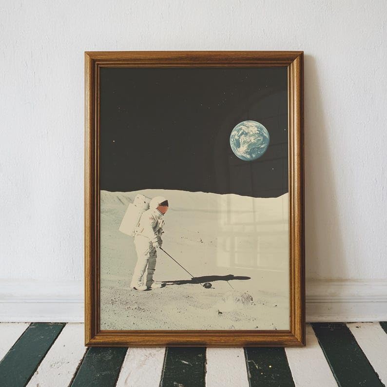 Vintage Space Golf Wall Art, Retro Astronaut Sports Print for Bar, Office or Game Room Decor, Outer Space Golfer Poster with Earth View and Tee Time Theme (Unframed) (27x40)