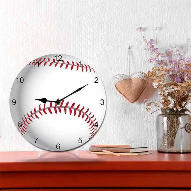 Baseball Wall Clock Sport Ball Wall Clock Wooden Clock Wall Decor Battery Operated Clocks Wall Clock Non Ticking Quartz Analog Bathroom Clock Round 10inch