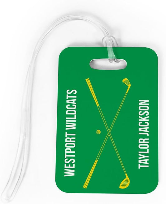 ChalkTalkSPORTS Golf Luggage & Bag Tag | Personalized Crossed Golf Clubs | Standard Lines on Back | Medium | Green/Yellow