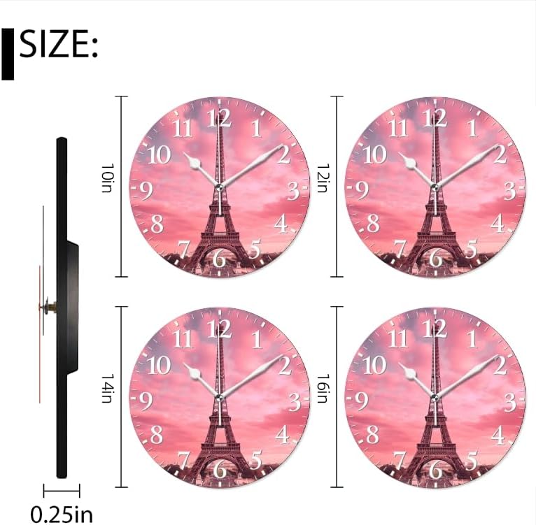 Paris Wall Clock Non-Ticking Silent Clocks Battery Operated Analog Decor Clock for Home-Eiffel Tower with Pink Sky and Pink Clouds(14inch)