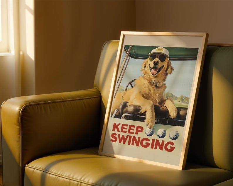 Funny Golden Retriever Golf Wall Art, Vintage Retro Dog Sports Print for Golf Lovers, Bar or Office Decor, Keep Swinging Inspirational Artwork (Unframed) (24x36)
