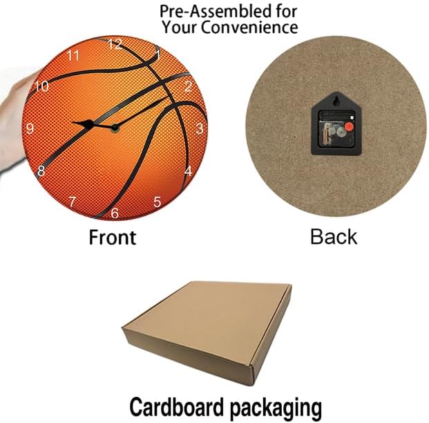 Basketball Wall Clock Sport Ball Wall Clock Wooden Bathroom Clock Battery Operated Non Ticking Silent Clocks Living Room Decorative Clock Round 10inch