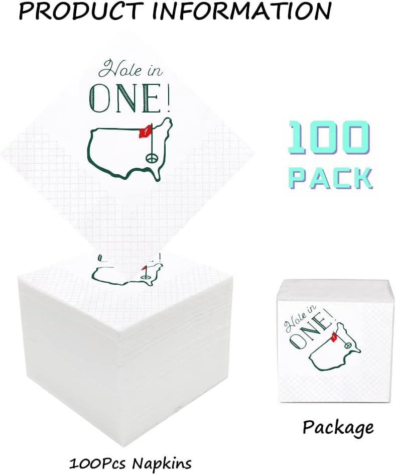 Golf Cocktail Napkins, 100 Pack Hole in One First Birthday Golf Themed Paper Disposable Cocktail Beverage Napkins for Baby 1st Hole In One Birthday Decorations 2-Ply, 5x5 Inches (Hole in One)