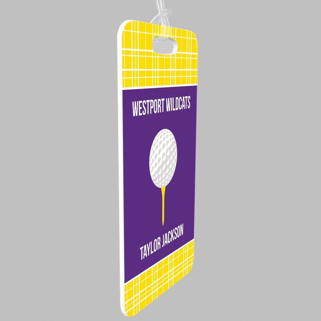 ChalkTalkSPORTS Golf Luggage & Bag Tag | Personalized Team with Golf Ball | Standard Lines on Back | Small | Yellow/Purple