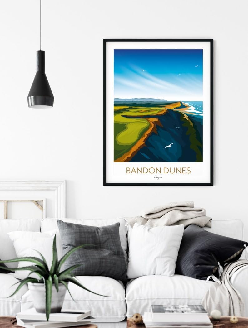 Nationcog Bandon Dunes Golf Print – Oregon; Bandon Dunes Golf Poster; Bandon Dunes Oregon Art; Coastal Golf Course Print; Golf Course Cliffside Illustration (Unframed) (12x18)