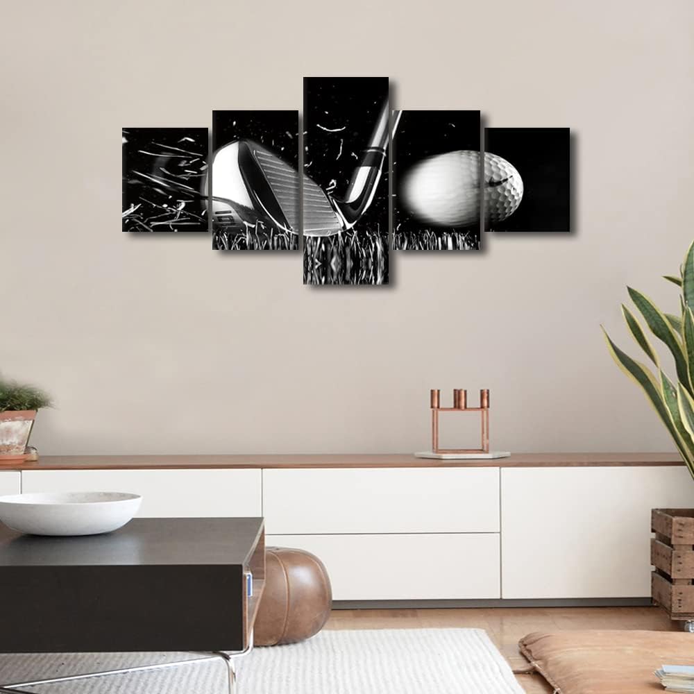 Black and White Paintings Golf Pictures 5 Panel Canvas Golf Ball Wall Art for Living Room Golfing Sport Golf Course Artwork Modern Home Decor Giclee Posters and Prints Framed Ready to Hang - 50"Wx24"H