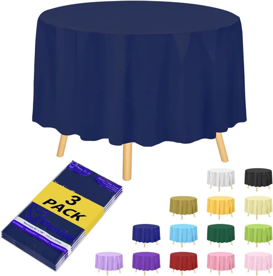 Brand Round Navy Blue Plastic 84" Disposable Tablecloth (3 Pack), Party & Event Decorative Cover