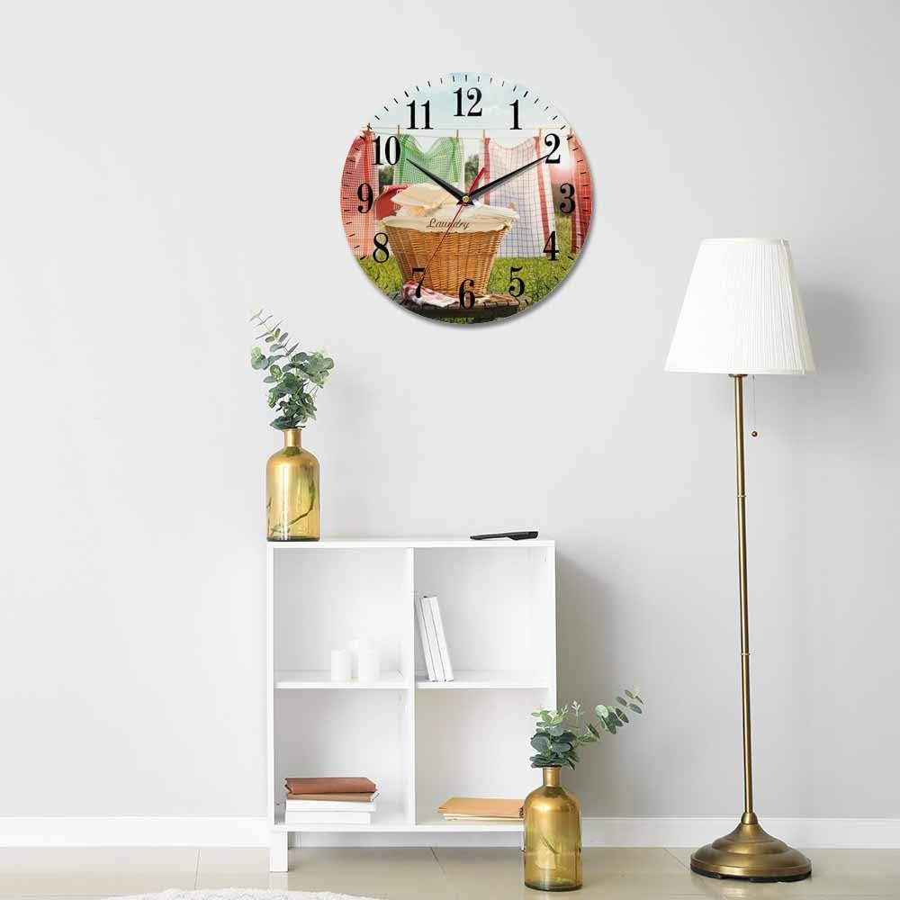 Mxocom Laundry Wall Clock Towels Hang Clothesline Basket Sunny Blue Sky 10 Inch Silent Non Ticking Battery Operated Clock Vintage Round Clock for Living Room Bedroom Bathroom Office Decor