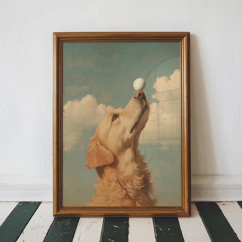 Nationcog Elegant Golden Retriever Golf Wall Art, Retro Dog Sports Oil Painting Print for Bar, Office or Home Decor, Playful Golfer Artwork for Dog Lovers (Unframed) (20x30)