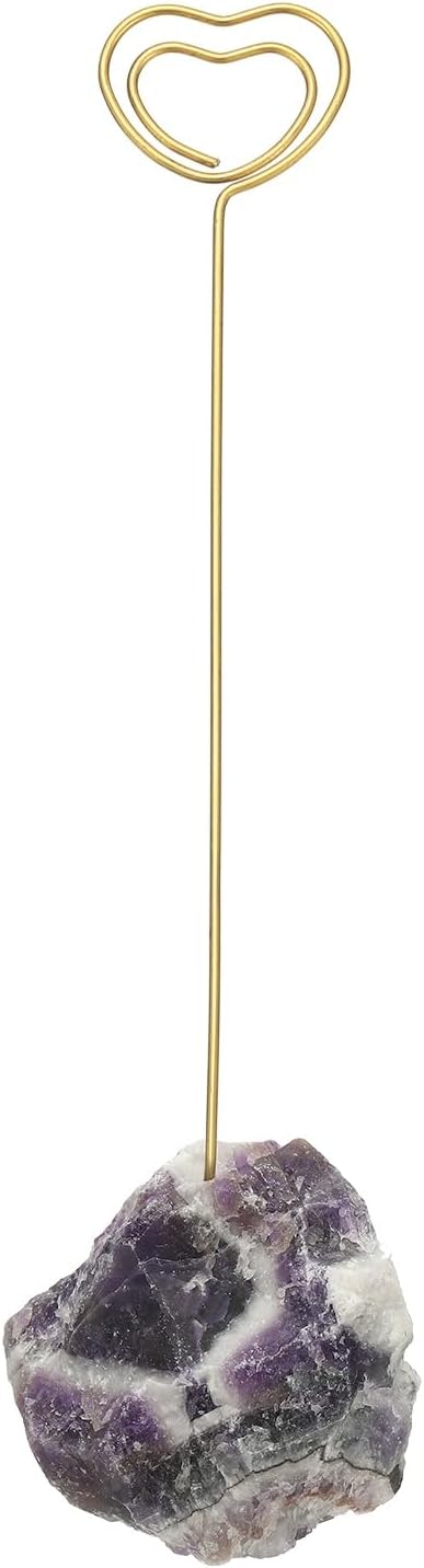 PATIKIL Table Number Holder, 1Pcs Photo Clip Holders Crystal Stone Quartz Desk Card Holder Raw Heart Shape Iron Memo Note Photo Stand for Wedding Party Home Office Decor, Purple