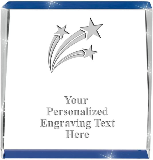 Crown Awards Customizable Crystal Trophy, 4" Engraved Blue Spotlight Crystal Award