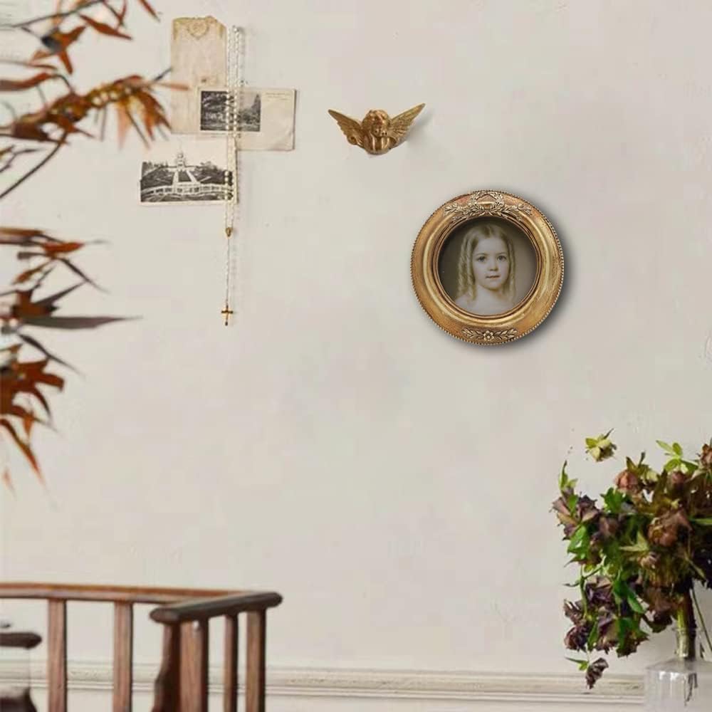 SYLVIA'S SHOP Small Vintage 3x3 Round Picture Frame, Mini Antique Ornate Circle Photo Frame, Table Top Display and Wall Hanging Home Decor, Old Fashioned Photo Gallery Art Deco, Bronze Gold