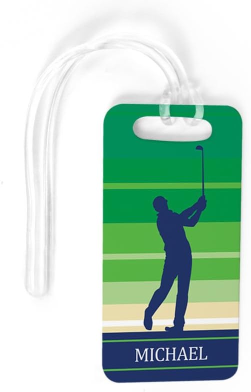 ChalkTalkSPORTS Golf Luggage & Bag Tag | Personalized Male Golfer | Standard Lines on Back | Small | Green