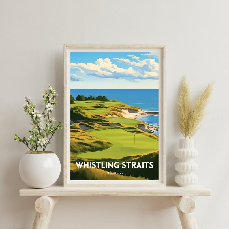 Nationcog Whistling Straits Golf Wall Art Print, Retro Wisconsin Coastal Poster for Living Room or Office, Scenic Course Decor for Men, Gift Idea for Dad, Lakefront Room Accent (Unframed) (11x14)
