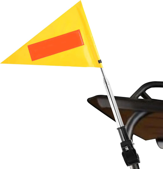 Golf Cart Flag Pole Reflective Safety Flag 22X30cm Yellow Triangular Flag with 25cm Pole and 8mm Buckle