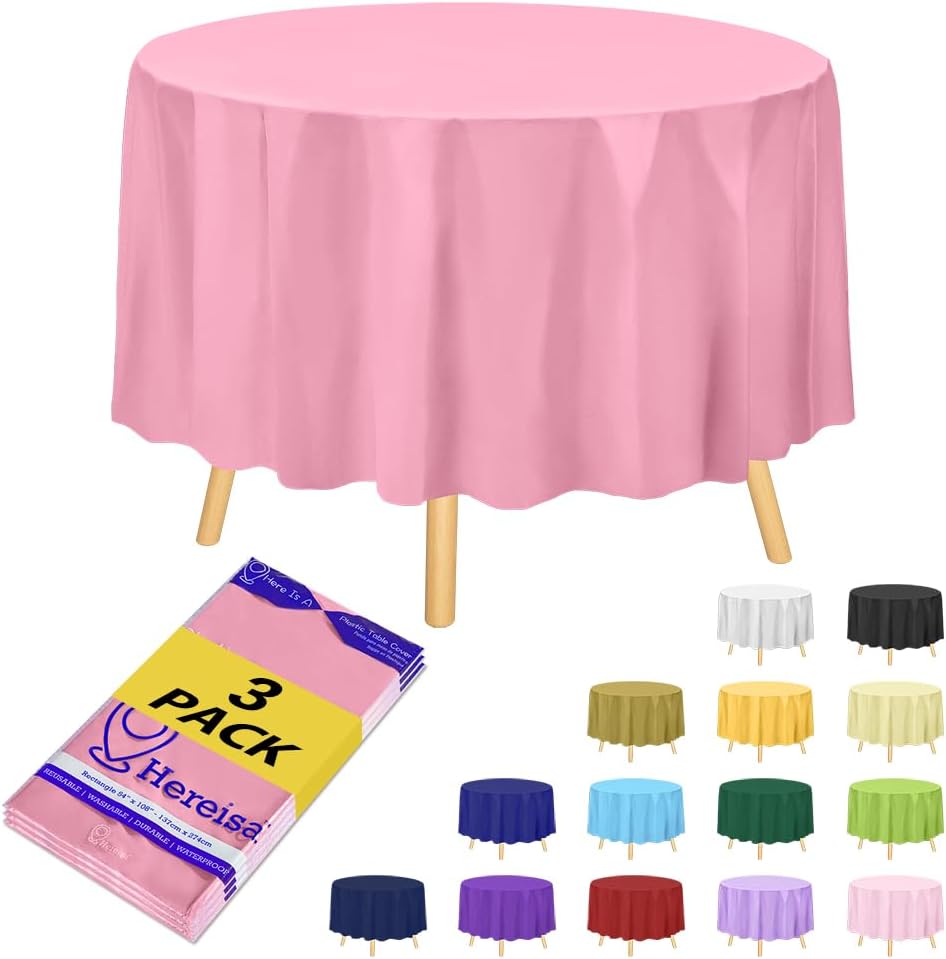 Brand Round Pink Plastic 84" Disposable Tablecloth (3 Pack), Party & Event Decorative Cover