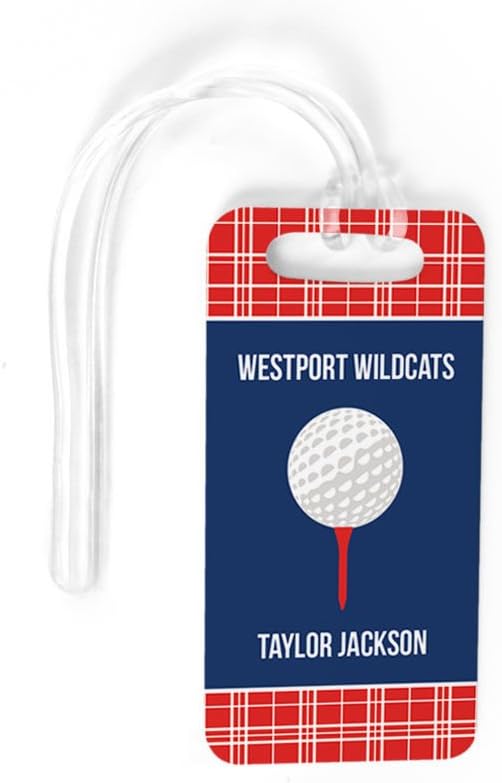 ChalkTalkSPORTS Golf Luggage & Bag Tag | Personalized Team with Golf Ball | Standard Lines on Back | Small | Red/Navy