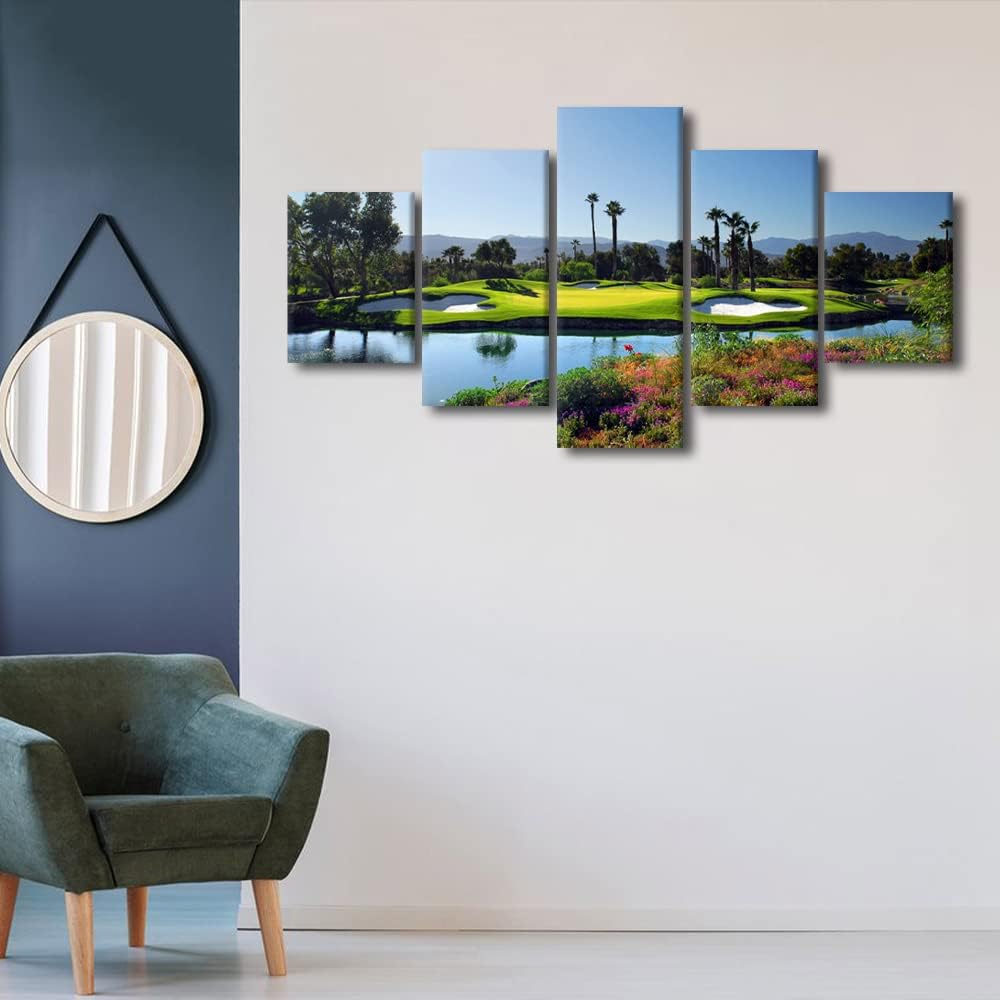 Golf Paintings Bedroom Wall Decor Green Lawn Pictures Multi Panel Canvas Wall Art Premium Quality Artwork Contemporary Home Decorations Framed Stretched Posters and Prints Ready to Hang - 60"W x 32"H