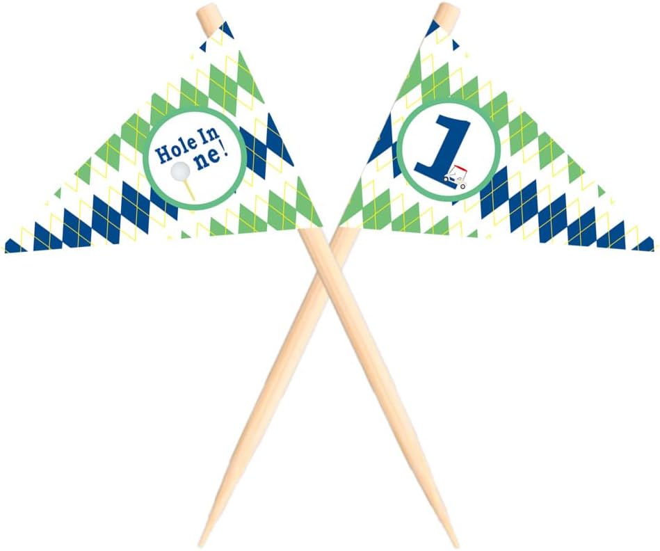 Golf Themed Toothpick Flags, 20 PCS Hole In One 1st Birthday Golf Cocktail Picks Mini Stick Cupcake Toppers Flags for Baby 1st Birthday Party Food Bar Decorations (Plaid Pattern Hole In 1)