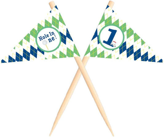Golf Themed Toothpick Flags, 20 PCS Hole In One 1st Birthday Golf Cocktail Picks Mini Stick Cupcake Toppers Flags for Baby 1st Birthday Party Food Bar Decorations (Plaid Pattern Hole In 1)