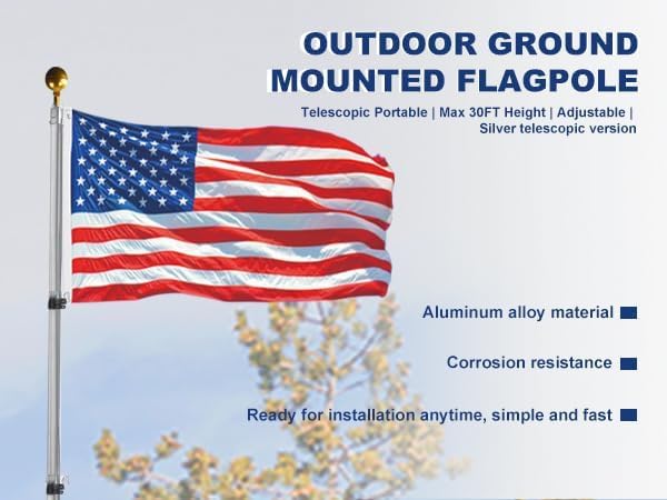 iElyiEsy Telescoping Flag Poles 20ft - Extra Thick Outdoor 16 Gauge Telescopic Flag Pole for Yard House,Residential Commercial,Dock,with Two 3x5 American Flags,Sliver