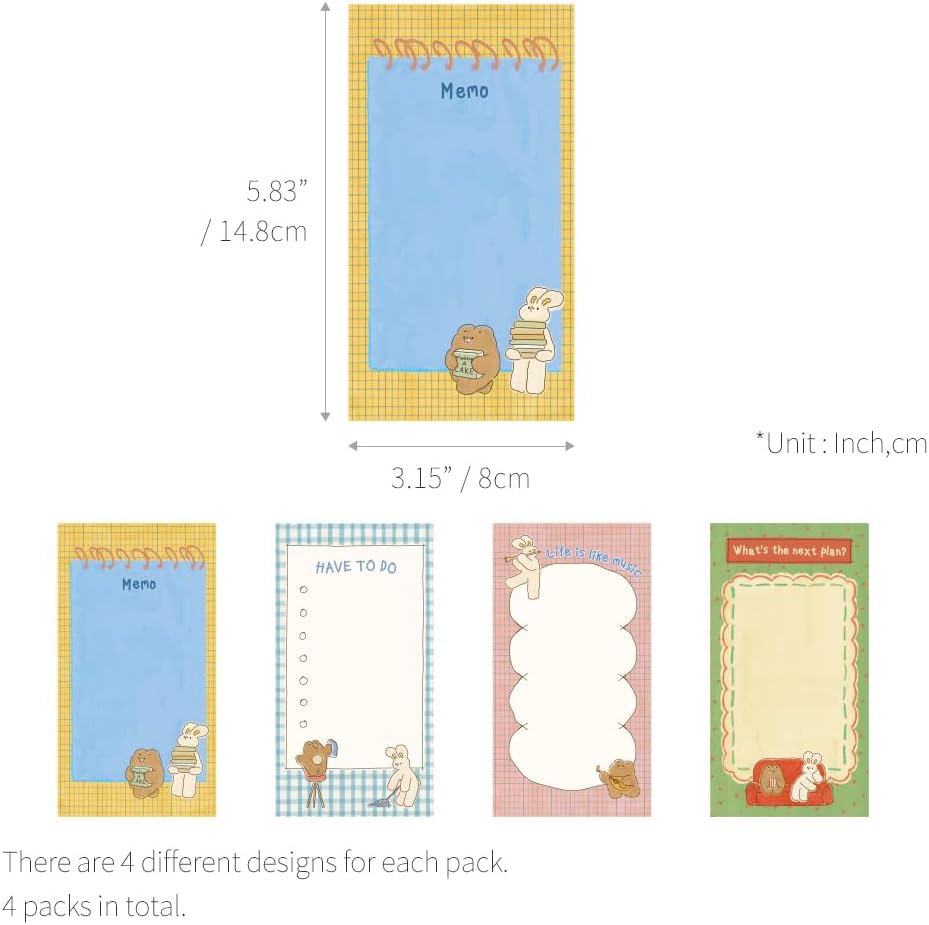 Monolike Memopad Unmatched Friends Series.1 4P SET - 4 Packs, 4 Different Designs, 80 Sheets Per Pad, Total 320 Sheets, Note pads, Writing pads, 80x148mm