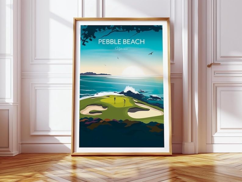 Nationcog Pebble Beach, California Golf Print - US Open Golf Travel Poster, Pebble Beach Golf Poster, California Golf Course Art, Scenic Ocean Golf Print, Luxury Golf Resort Decor (Unframed) (27x40)