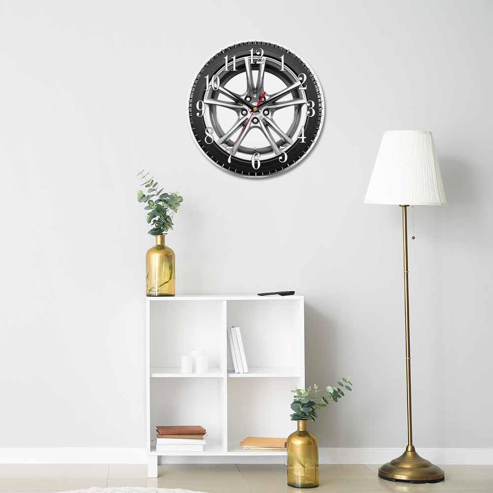 Mxocom Wheel Wall Clock Modern Car Wheel Black Tyre 10 Inch Silent Non Ticking Battery Operated Clock Vintage Round Clock for Living Room Bedroom Bathroom Office Decor