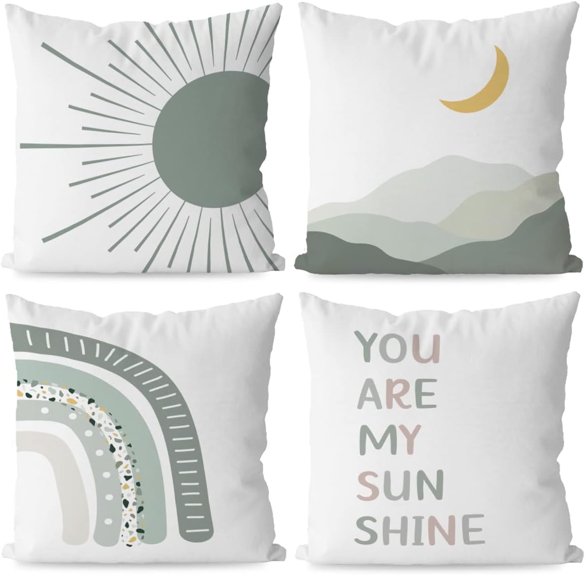 KEUSPI Nursery Abstract Boho Green Sun You are My Sunshine Moon Rainbow Throw Pillow Covers,Bohemian Throw Pillow Covers 18×18 Inch Set of 4,Bohemian Nursery Girls Room Decor,Boho Gifts for Baby Girls