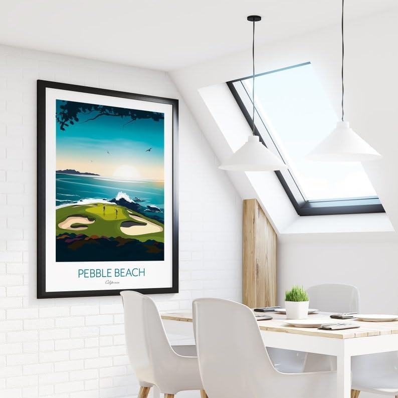 Golf Print - Pebble Beach California - US Open Golf Gift, Pebble Beach Golf Course Poster, California Golf Print, Coastal Golf Art, Golf Landscape Illustration, Sports Wall Decor. (Unframed) (20x30)