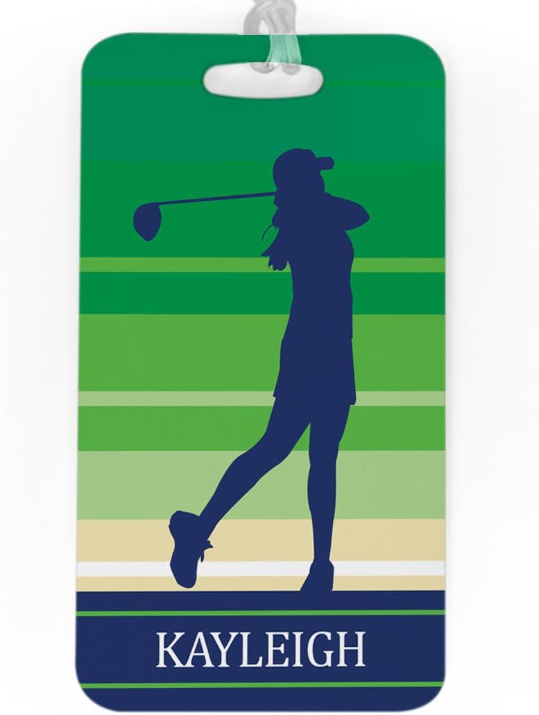 ChalkTalkSPORTS Golf Luggage & Bag Tag | Personalized Female Golfer | Standard Lines on Back | Large | Green