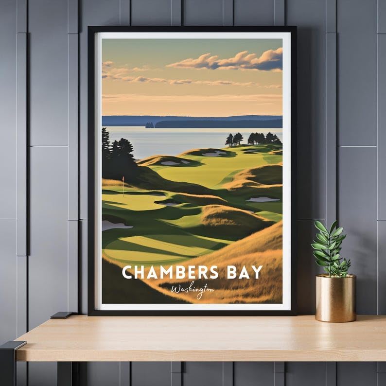 Nationcog Chambers Bay Golf Poster, Vintage Washington Travel Wall Art Print, Retro Coastal Golf Landscape Decor, Sports Artwork Gift for Men or Office (Unframed) (16x24)