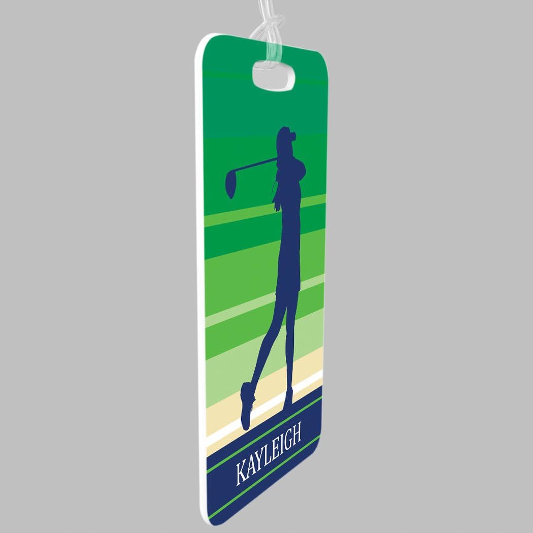 ChalkTalkSPORTS Golf Luggage & Bag Tag | Personalized Female Golfer | Standard Lines on Back | Large | Green