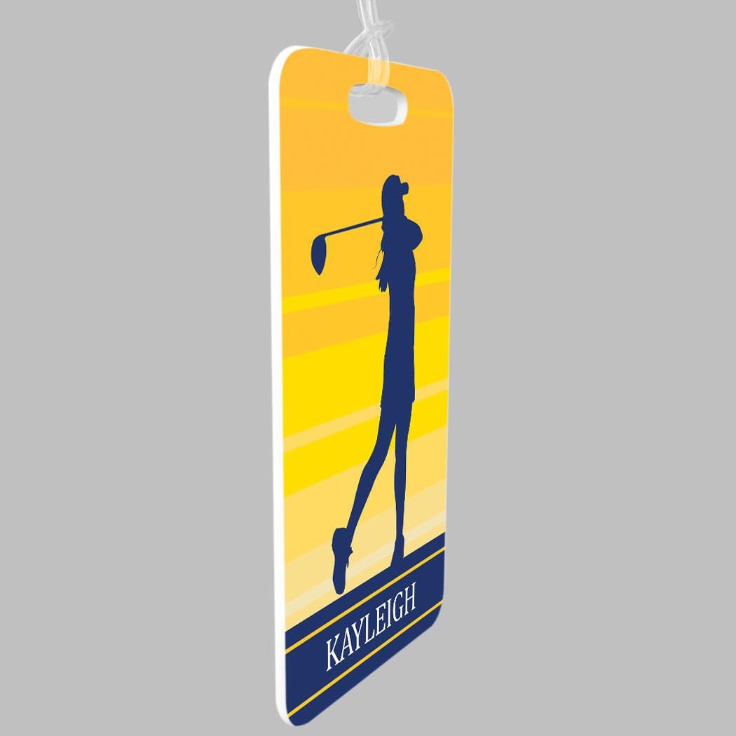 ChalkTalkSPORTS Golf Luggage & Bag Tag | Personalized Female Golfer | Standard Lines on Back | Medium | Yellow