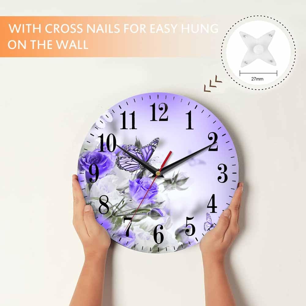 Mxocom Butterfly Floral Wall Clock Bouquet of White and Purple Roses 10 Inch Silent Non Ticking Battery Operated Clock Vintage Round Clock for Living Room Bedroom Bathroom Office Decor
