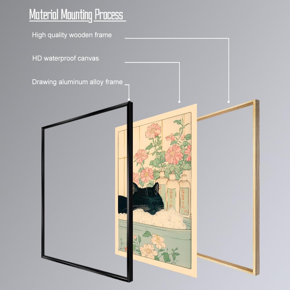Vintage Black Cat in The Bathtub Posters Funny Bathroom Wall Art Cute Animal Lover Canvas Prints Japanese Aesthetic Neutral Minimalist Wall Decor for Restroom Toilet 20x30in Framed