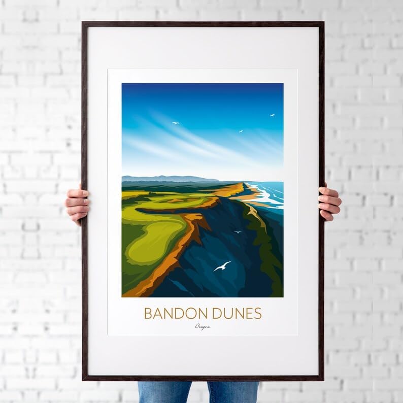 Nationcog Bandon Dunes Golf Print – Oregon; Bandon Dunes Golf Poster; Bandon Dunes Oregon Art; Coastal Golf Course Print; Golf Course Cliffside Illustration (Unframed) (16x24)