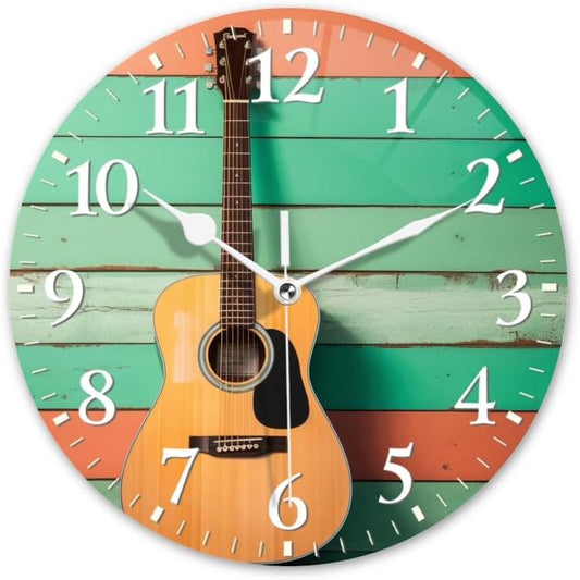 Guitar Wall Clock Non-Ticking Silent Clocks Battery Operated Analog Decor Clock for Home-Acoustic Guitar Leaning Against Wooden Wall(12inch)