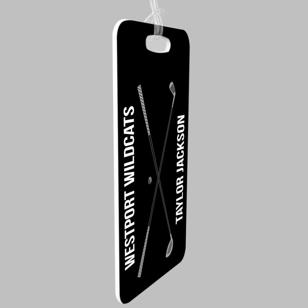 ChalkTalkSPORTS Golf Luggage & Bag Tag | Personalized Crossed Golf Clubs | Standard Lines on Back | Small | Black/Gray