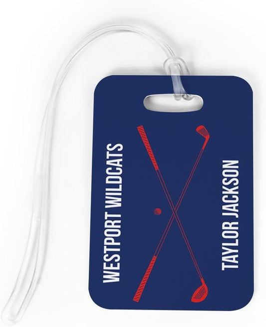 ChalkTalkSPORTS Golf Luggage & Bag Tag | Personalized Crossed Golf Clubs | Standard Lines on Back | Medium | Navy/Red