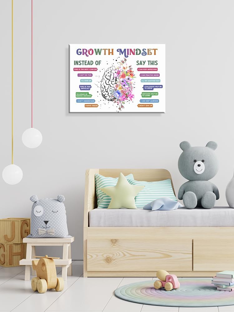 uoyien Classroom Growth Mindset Affirmations for Kids Mental Health Posters Brain Poster Psychology Special Education Calm Corner Wall Art Office Therapy Canvas Wall Decor Prints 16x24in Wood Framed