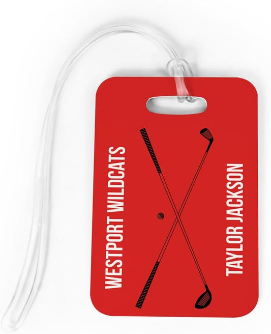 ChalkTalkSPORTS Golf Luggage & Bag Tag | Personalized Crossed Golf Clubs | Standard Lines on Back | Medium | Red/Black