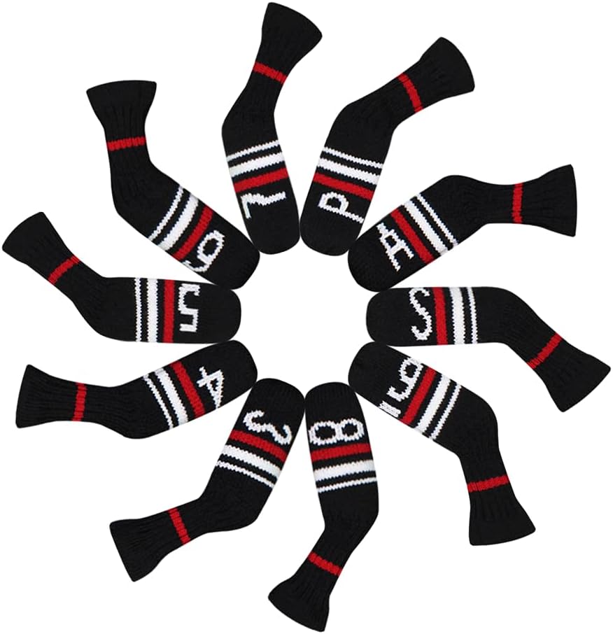 Scott Edward 1/7/10 Pcs Knitted Golf Club Head Covers for Irons Wedge Cuteness and Basically Socks Shape Washable Golf Club Head Protector on Red/Blue Warning Style