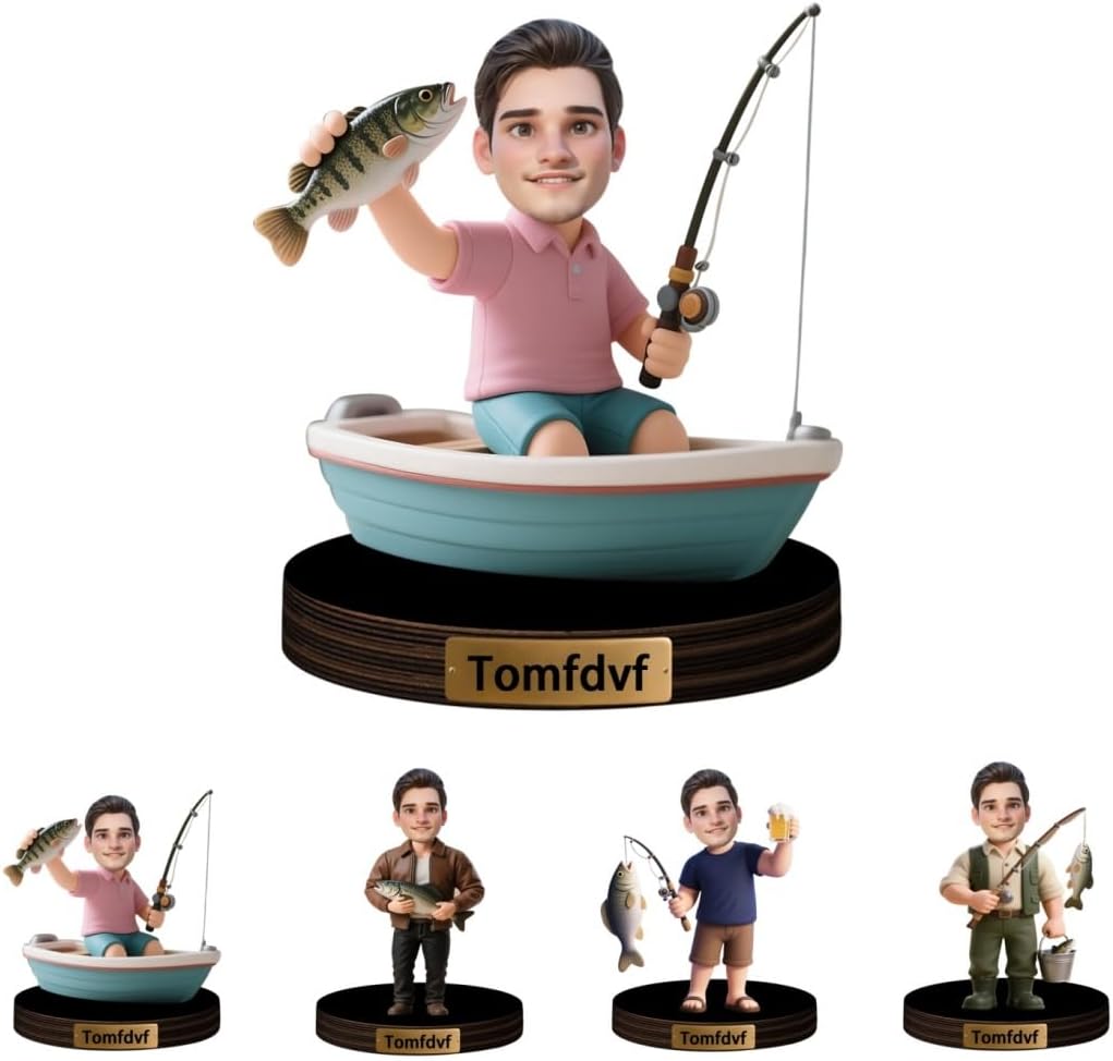 Personalized Fishing Desk Ornament Custom Face Photo Fisherman Plaque Cartoon Fisherman Portrait Boat Office Decor Sign Fishing Lover Keepsake Gifts for Men Dad Birthday Xmas Fathers Day