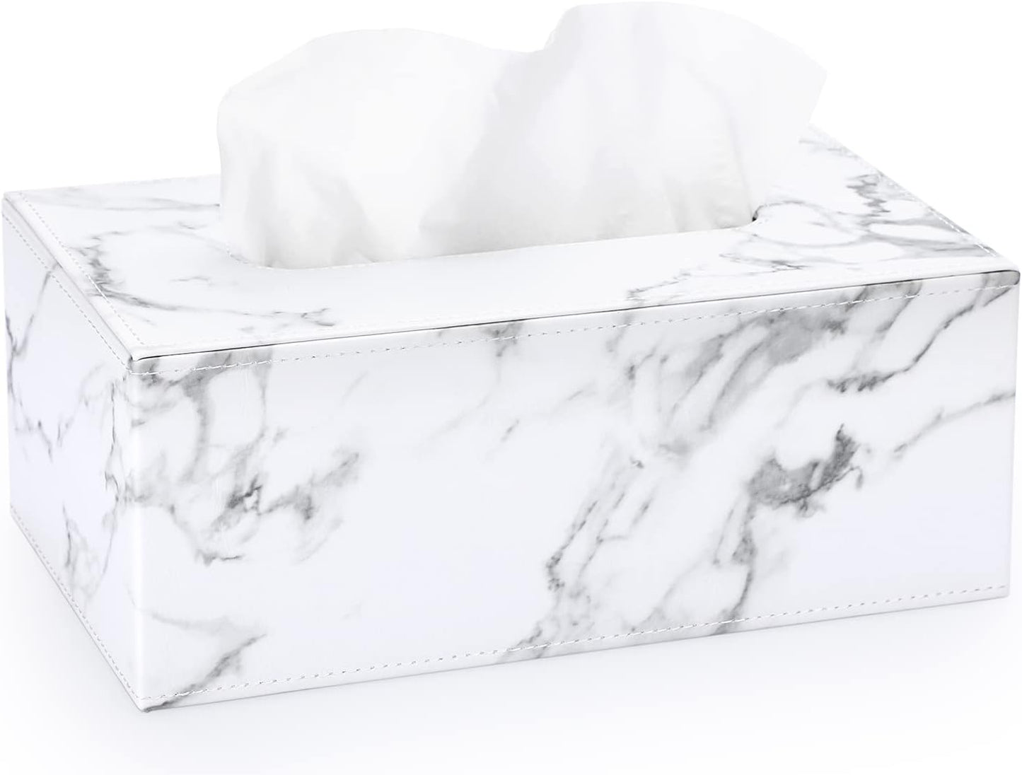 Sumnacon Rectangular Leather Tissue Box Cover - Stylish Tissue Box Holder with Magnetic Bottom, Decorative PU Tissue Box for Vanity Dresser Night Stand Table Countertop Home Office Car, Marble White