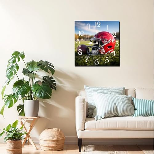 Football Square Clock Silent No Tick Battery Powered Home Decor 10inch Wooden Wall Clock for Living Room Kitchen Bathroom Farmhouse
