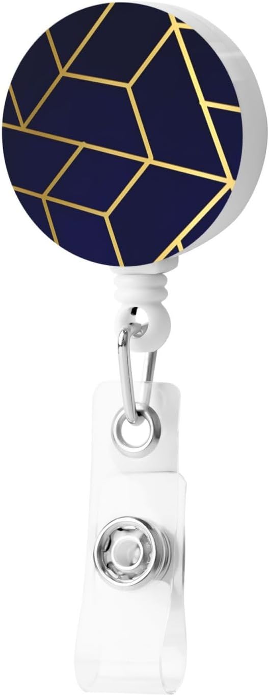 Geometric Navy Blue Gold Badge Reels Retractable Badge Holder with Clip for Id Name Tag Office Worker Student Teacher Nurse Doctor