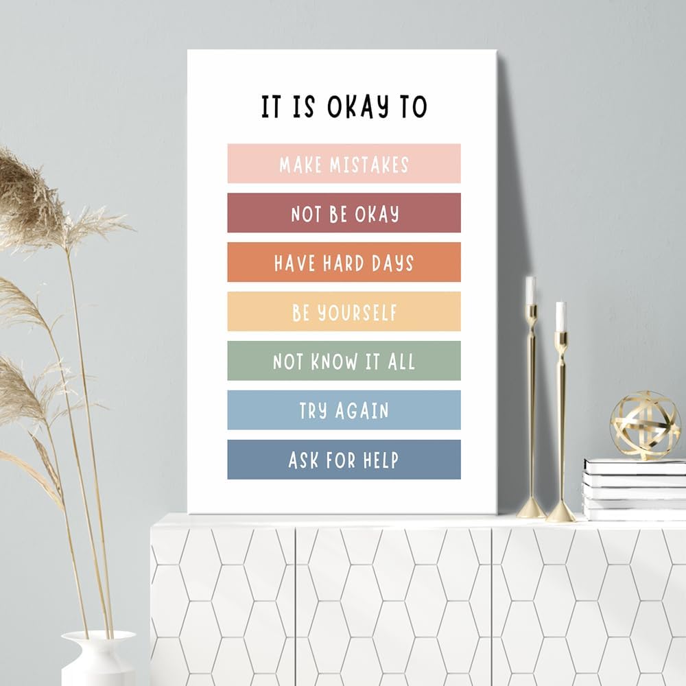 uoyien Growth Mindset Mental Health Posters Boho Classroom Playroom Therapy Wall Decor Affirmations Quotes Canvas Wall Art Kids Educational Prints For Calming Corner Decoration 16x24in Wood Framed